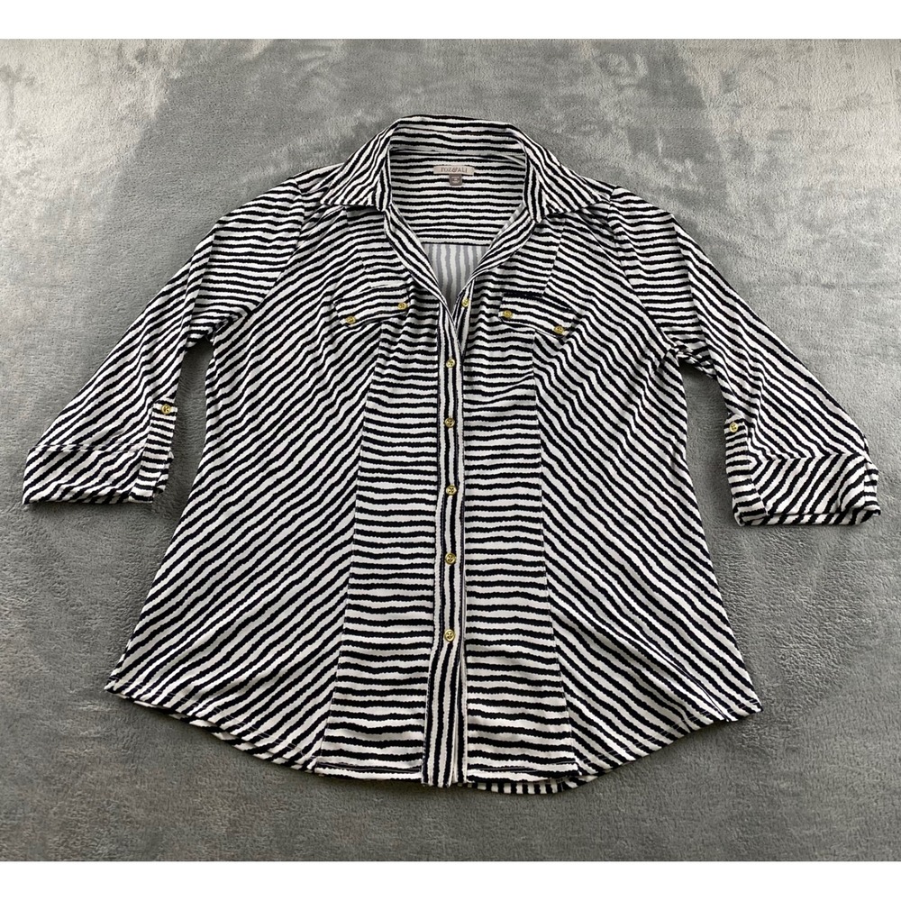 Roz &‎ Ali Womens 1X Black White Striped Button Up 3/4 Roll Tab Sleeve Blouse